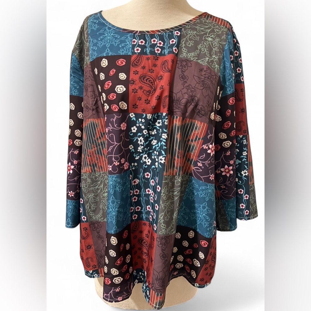 Emery Rose Patchwork Paisley Floral Blouse Women’s 1XL Long Sleeve Boho Top NWOT